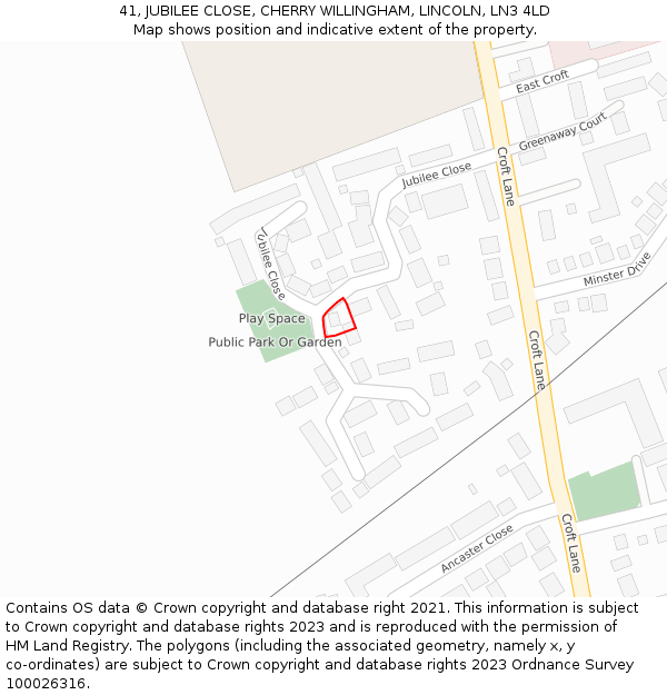 41, JUBILEE CLOSE, CHERRY WILLINGHAM, LINCOLN, LN3 4LD: Location map and indicative extent of plot