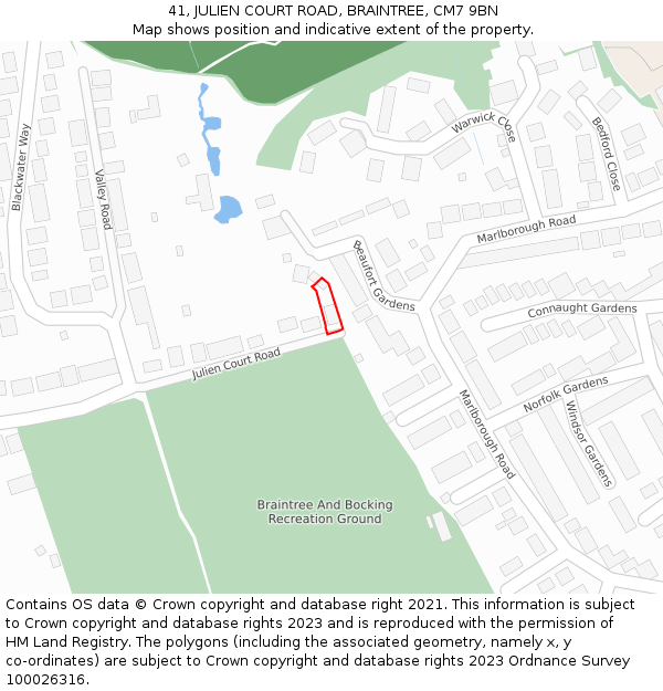 41, JULIEN COURT ROAD, BRAINTREE, CM7 9BN: Location map and indicative extent of plot
