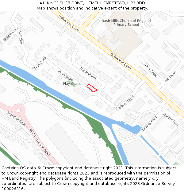 41, KINGFISHER DRIVE, HEMEL HEMPSTEAD, HP3 9DD: Location map and indicative extent of plot