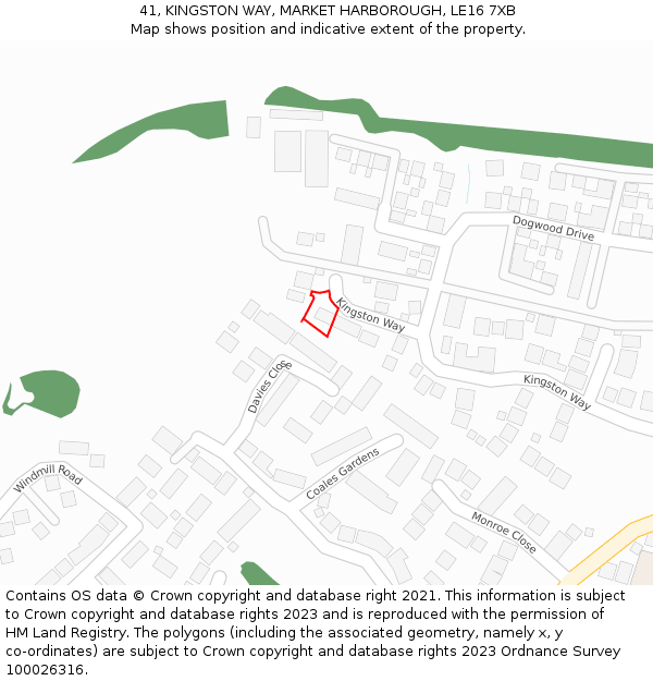 41, KINGSTON WAY, MARKET HARBOROUGH, LE16 7XB: Location map and indicative extent of plot