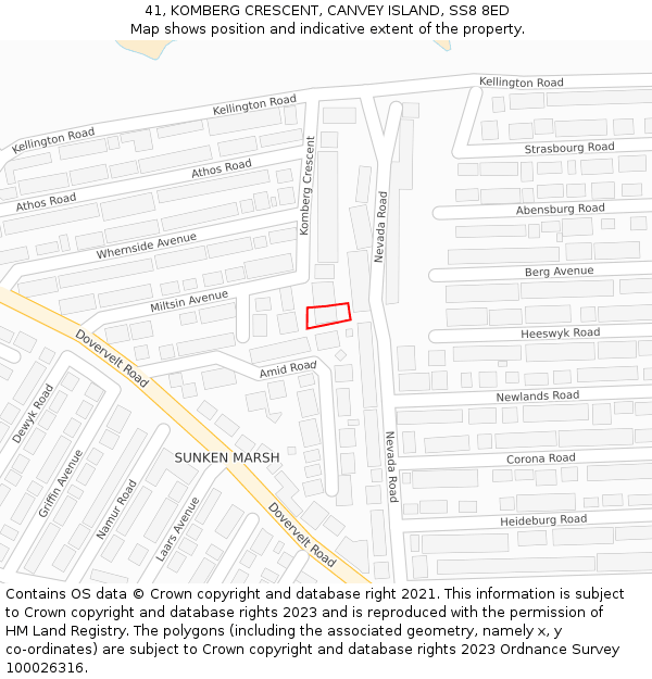 41, KOMBERG CRESCENT, CANVEY ISLAND, SS8 8ED: Location map and indicative extent of plot