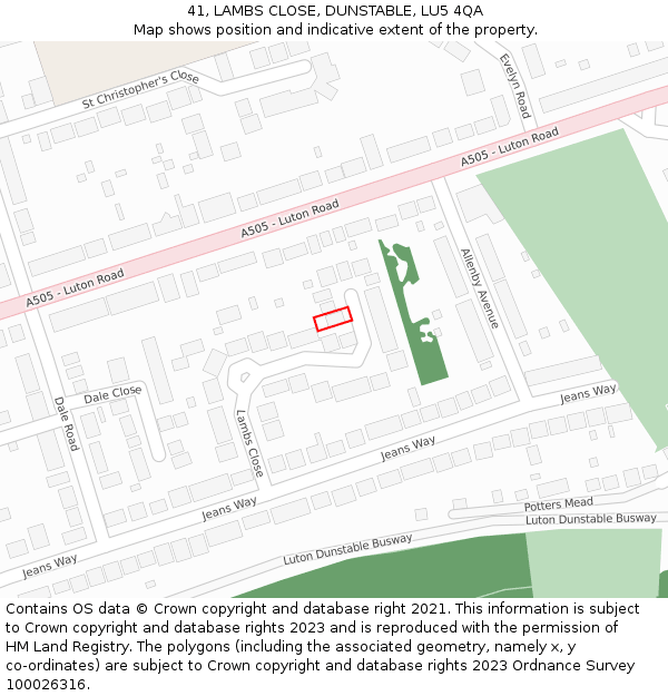 41, LAMBS CLOSE, DUNSTABLE, LU5 4QA: Location map and indicative extent of plot