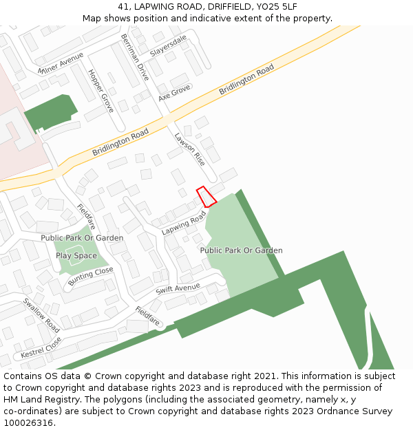 41, LAPWING ROAD, DRIFFIELD, YO25 5LF: Location map and indicative extent of plot