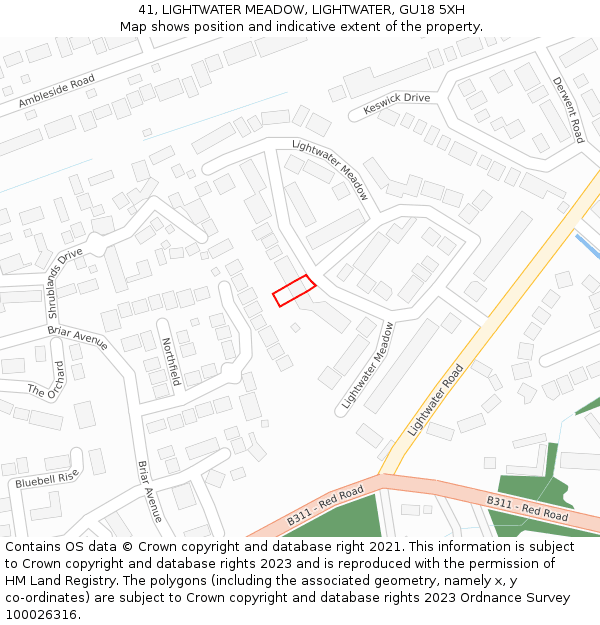 41, LIGHTWATER MEADOW, LIGHTWATER, GU18 5XH: Location map and indicative extent of plot