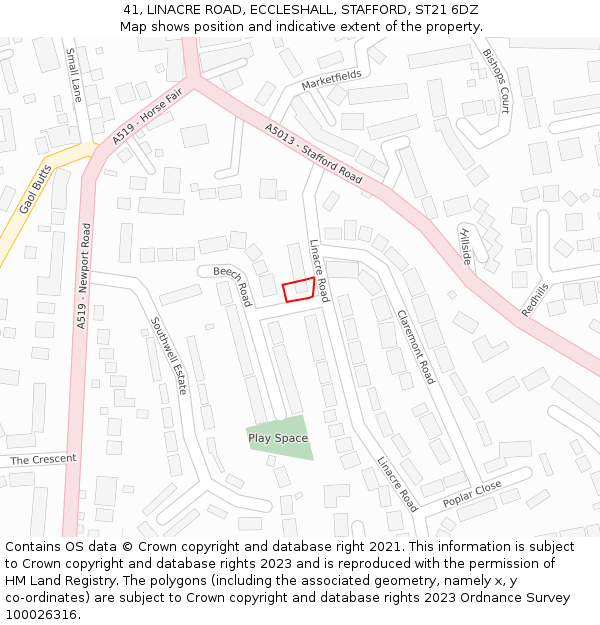 41, LINACRE ROAD, ECCLESHALL, STAFFORD, ST21 6DZ: Location map and indicative extent of plot