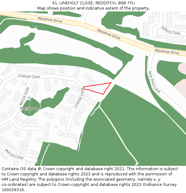 41, LINEHOLT CLOSE, REDDITCH, B98 7YU: Location map and indicative extent of plot