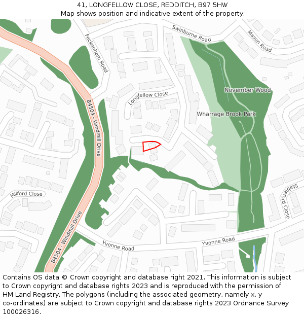 41, LONGFELLOW CLOSE, REDDITCH, B97 5HW: Location map and indicative extent of plot