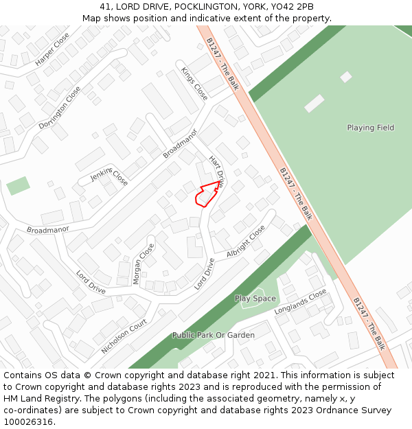 41, LORD DRIVE, POCKLINGTON, YORK, YO42 2PB: Location map and indicative extent of plot