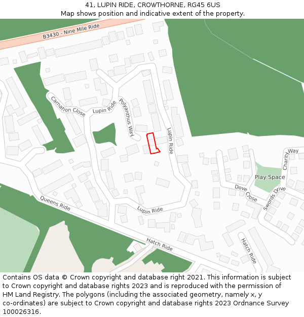 41, LUPIN RIDE, CROWTHORNE, RG45 6US: Location map and indicative extent of plot