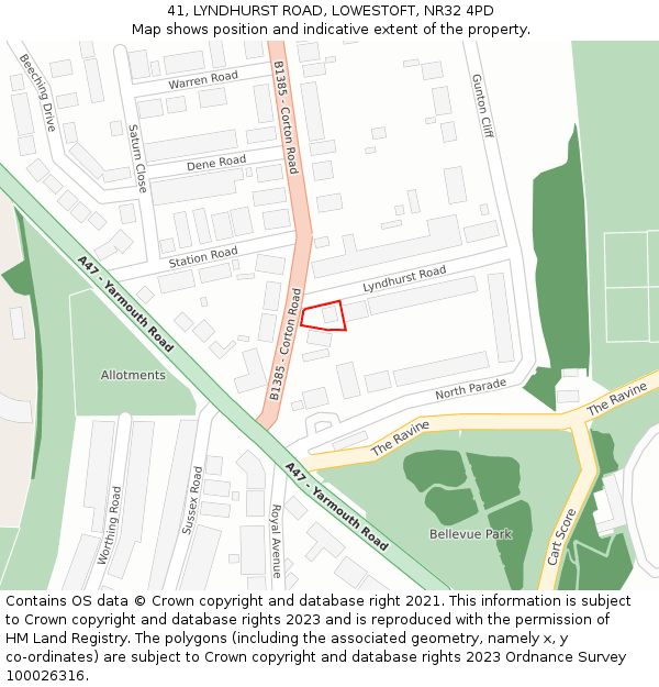 41, LYNDHURST ROAD, LOWESTOFT, NR32 4PD: Location map and indicative extent of plot