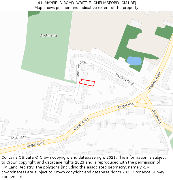 41, MAYFIELD ROAD, WRITTLE, CHELMSFORD, CM1 3EJ: Location map and indicative extent of plot