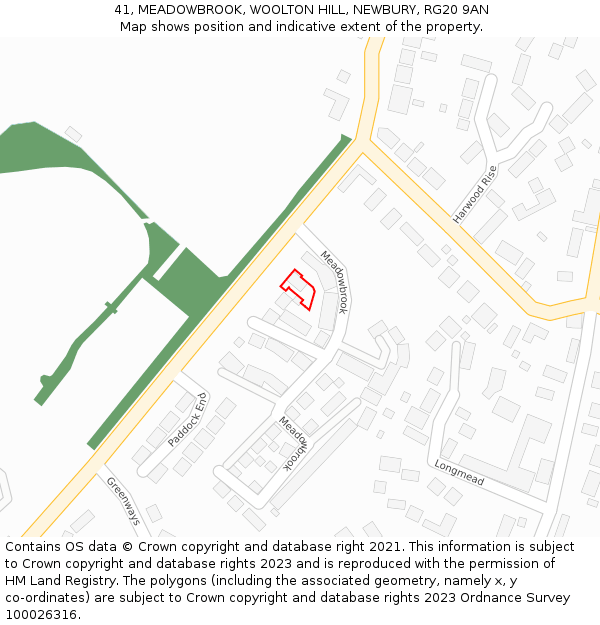 41, MEADOWBROOK, WOOLTON HILL, NEWBURY, RG20 9AN: Location map and indicative extent of plot