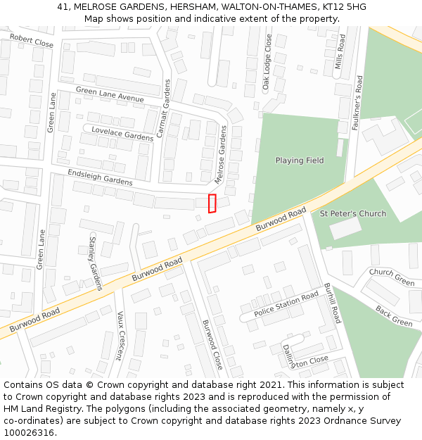 41, MELROSE GARDENS, HERSHAM, WALTON-ON-THAMES, KT12 5HG: Location map and indicative extent of plot