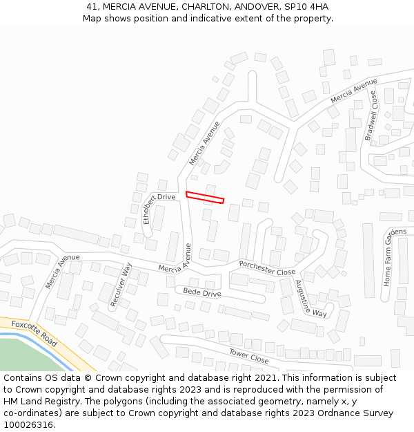 41, MERCIA AVENUE, CHARLTON, ANDOVER, SP10 4HA: Location map and indicative extent of plot