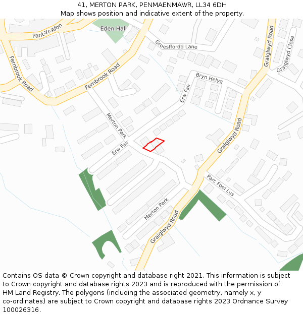 41, MERTON PARK, PENMAENMAWR, LL34 6DH: Location map and indicative extent of plot