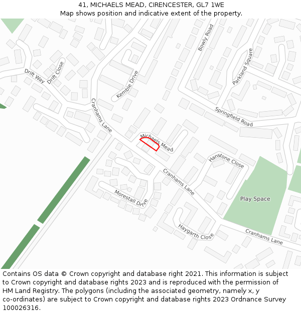 41, MICHAELS MEAD, CIRENCESTER, GL7 1WE: Location map and indicative extent of plot