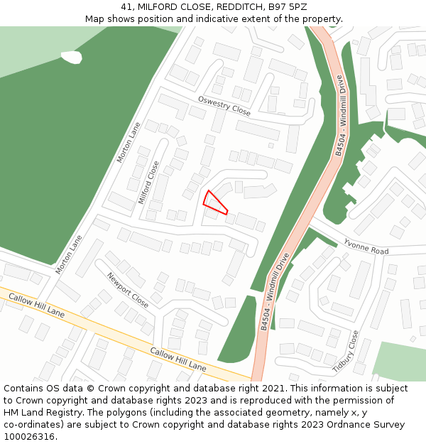 41, MILFORD CLOSE, REDDITCH, B97 5PZ: Location map and indicative extent of plot