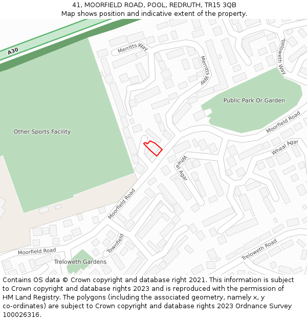41, MOORFIELD ROAD, POOL, REDRUTH, TR15 3QB: Location map and indicative extent of plot