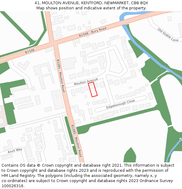 41, MOULTON AVENUE, KENTFORD, NEWMARKET, CB8 8QX: Location map and indicative extent of plot