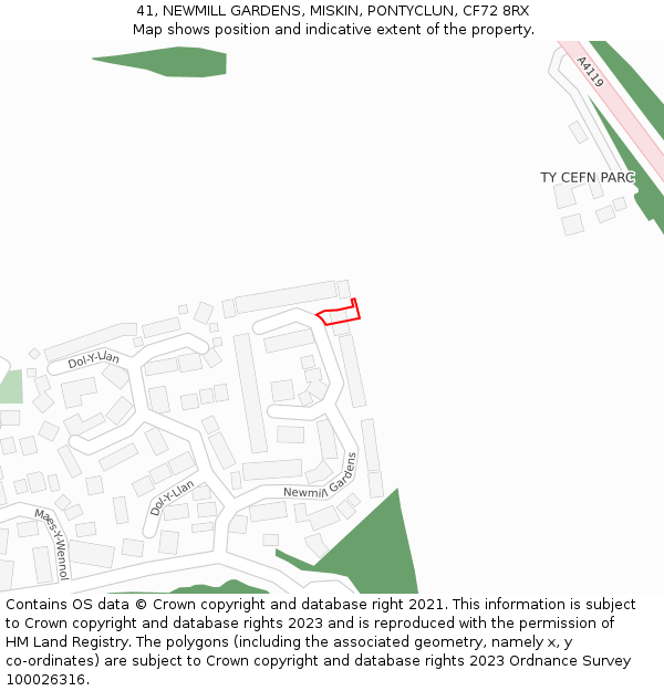 41, NEWMILL GARDENS, MISKIN, PONTYCLUN, CF72 8RX: Location map and indicative extent of plot