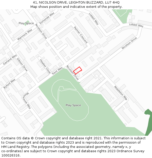 41, NICOLSON DRIVE, LEIGHTON BUZZARD, LU7 4HQ: Location map and indicative extent of plot