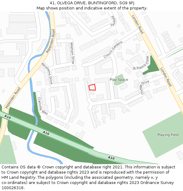 41, OLVEGA DRIVE, BUNTINGFORD, SG9 9FJ: Location map and indicative extent of plot