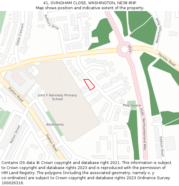 41, OVINGHAM CLOSE, WASHINGTON, NE38 8NP: Location map and indicative extent of plot