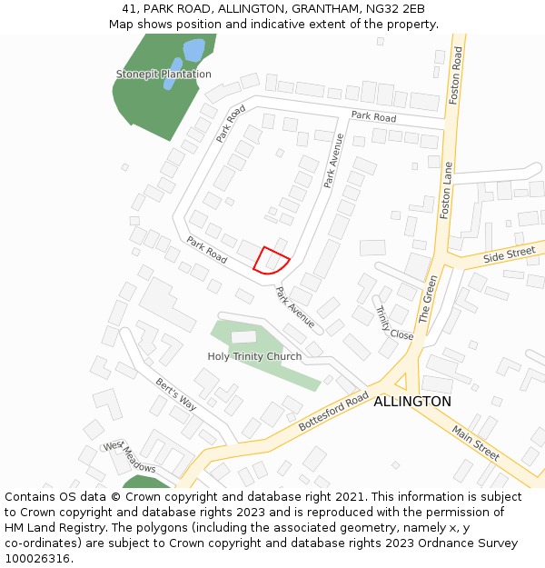 41, PARK ROAD, ALLINGTON, GRANTHAM, NG32 2EB: Location map and indicative extent of plot