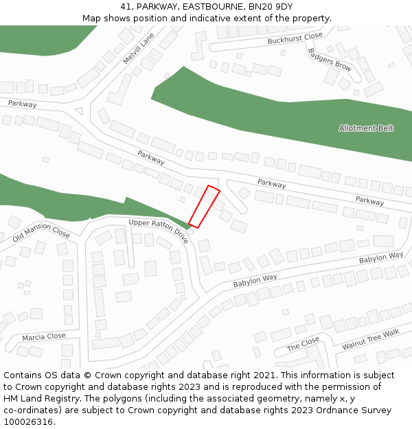 41, PARKWAY, EASTBOURNE, BN20 9DY: Location map and indicative extent of plot