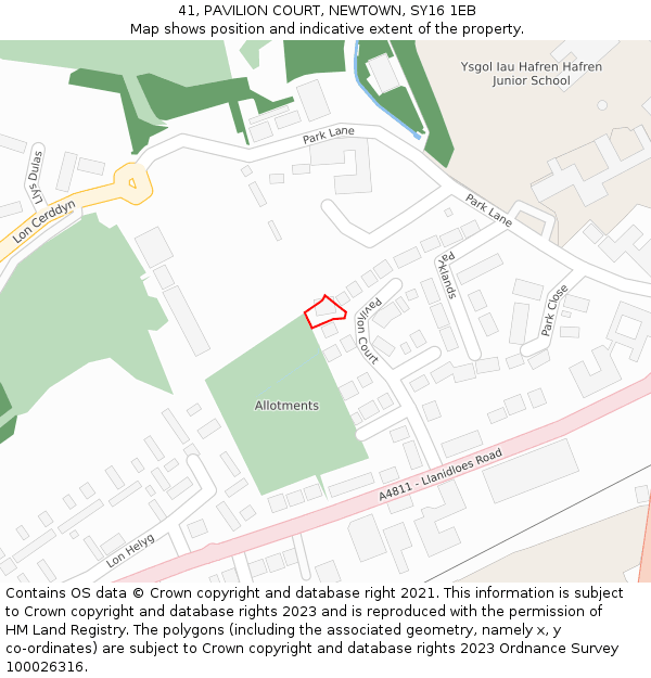 41, PAVILION COURT, NEWTOWN, SY16 1EB: Location map and indicative extent of plot