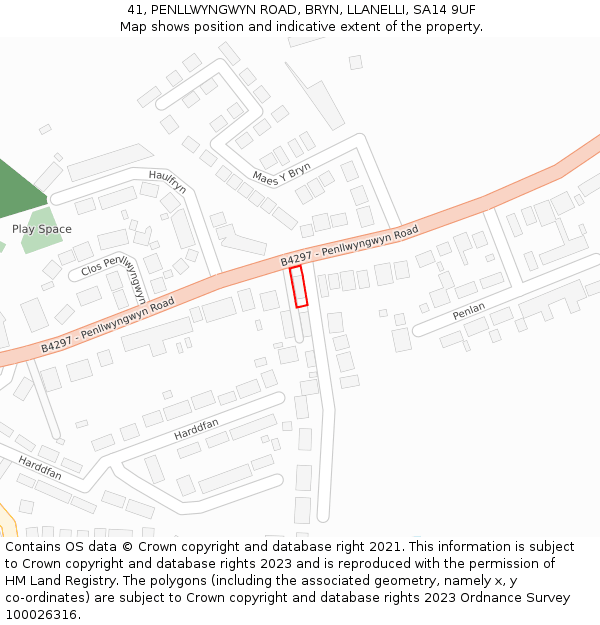 41, PENLLWYNGWYN ROAD, BRYN, LLANELLI, SA14 9UF: Location map and indicative extent of plot