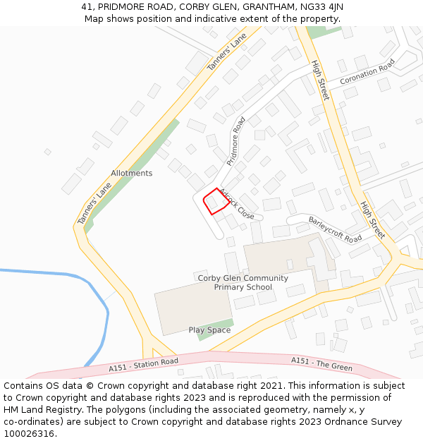 41, PRIDMORE ROAD, CORBY GLEN, GRANTHAM, NG33 4JN: Location map and indicative extent of plot