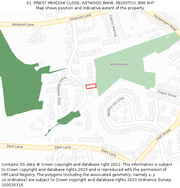 41, PRIEST MEADOW CLOSE, ASTWOOD BANK, REDDITCH, B96 6HT: Location map and indicative extent of plot