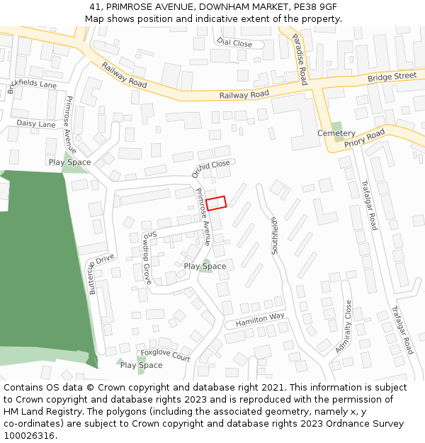 41, PRIMROSE AVENUE, DOWNHAM MARKET, PE38 9GF: Location map and indicative extent of plot