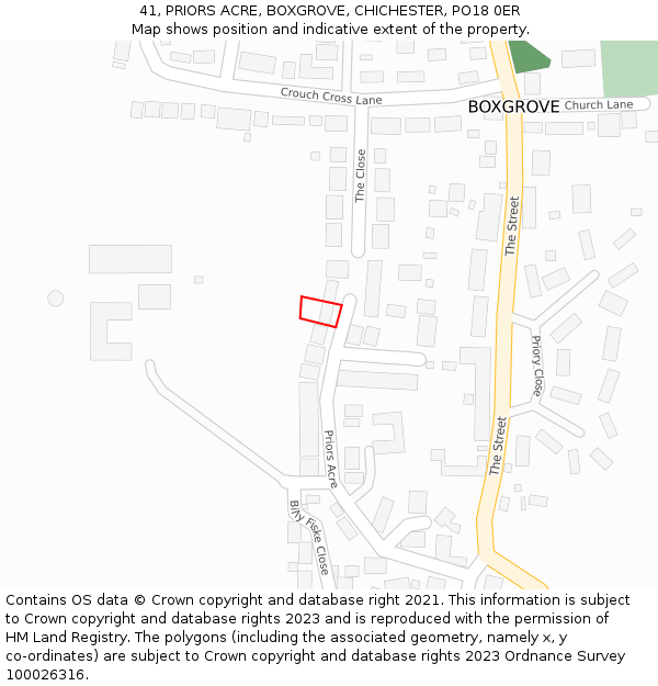 41, PRIORS ACRE, BOXGROVE, CHICHESTER, PO18 0ER: Location map and indicative extent of plot