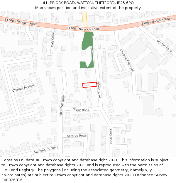 41, PRIORY ROAD, WATTON, THETFORD, IP25 6PQ: Location map and indicative extent of plot