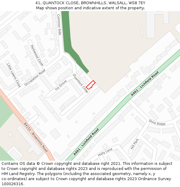 41, QUANTOCK CLOSE, BROWNHILLS, WALSALL, WS8 7EY: Location map and indicative extent of plot