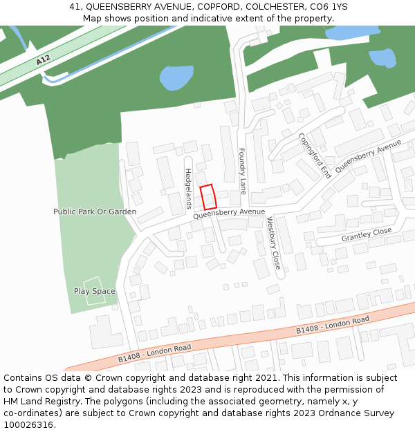 41, QUEENSBERRY AVENUE, COPFORD, COLCHESTER, CO6 1YS: Location map and indicative extent of plot