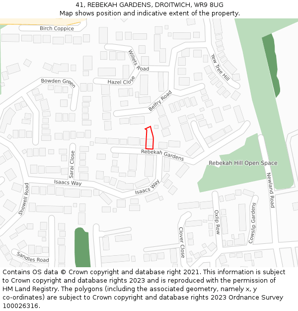 41, REBEKAH GARDENS, DROITWICH, WR9 8UG: Location map and indicative extent of plot