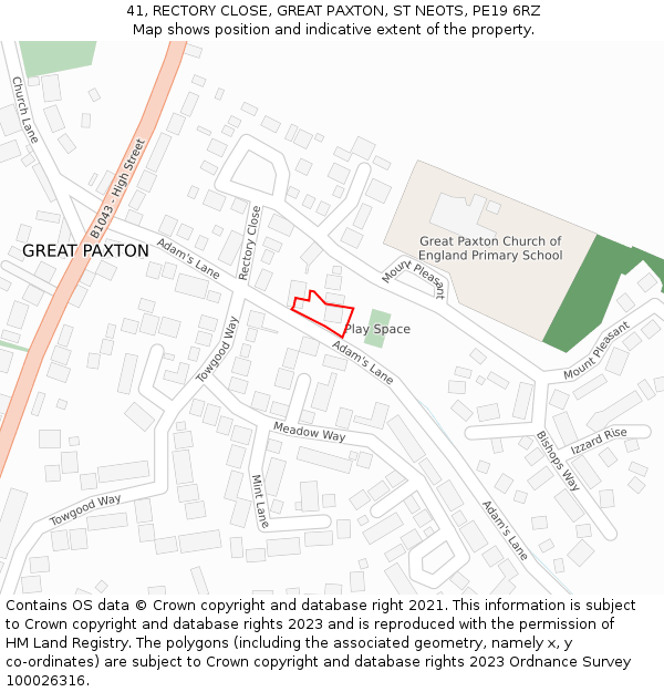 41, RECTORY CLOSE, GREAT PAXTON, ST NEOTS, PE19 6RZ: Location map and indicative extent of plot