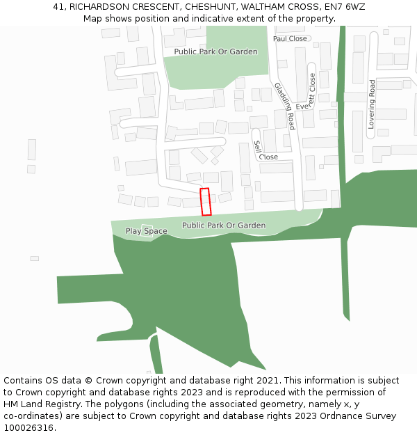 41, RICHARDSON CRESCENT, CHESHUNT, WALTHAM CROSS, EN7 6WZ: Location map and indicative extent of plot