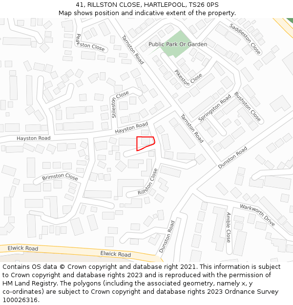 41, RILLSTON CLOSE, HARTLEPOOL, TS26 0PS: Location map and indicative extent of plot
