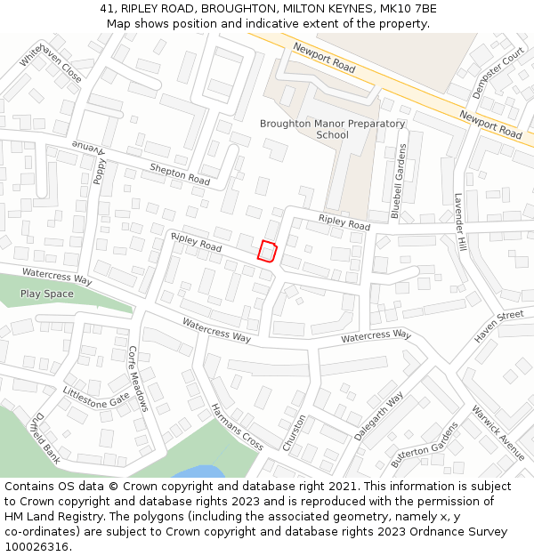 41, RIPLEY ROAD, BROUGHTON, MILTON KEYNES, MK10 7BE: Location map and indicative extent of plot