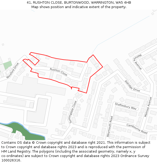 41, RUSHTON CLOSE, BURTONWOOD, WARRINGTON, WA5 4HB: Location map and indicative extent of plot