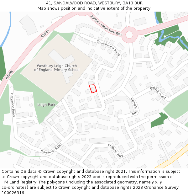 41, SANDALWOOD ROAD, WESTBURY, BA13 3UR: Location map and indicative extent of plot