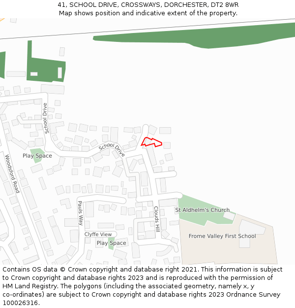 41, SCHOOL DRIVE, CROSSWAYS, DORCHESTER, DT2 8WR: Location map and indicative extent of plot