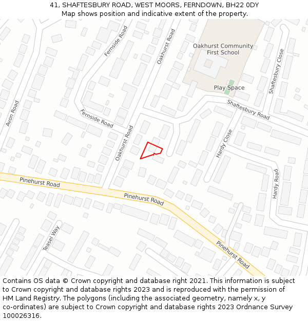 41, SHAFTESBURY ROAD, WEST MOORS, FERNDOWN, BH22 0DY: Location map and indicative extent of plot