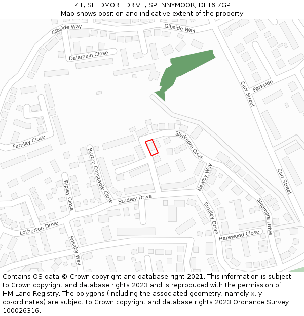 41, SLEDMORE DRIVE, SPENNYMOOR, DL16 7GP: Location map and indicative extent of plot