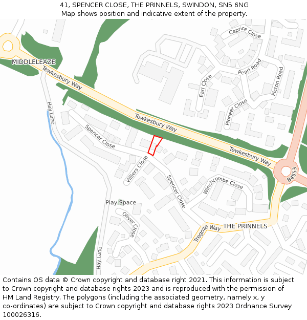 41, SPENCER CLOSE, THE PRINNELS, SWINDON, SN5 6NG: Location map and indicative extent of plot