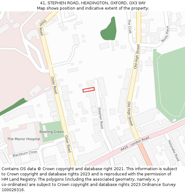 41, STEPHEN ROAD, HEADINGTON, OXFORD, OX3 9AY: Location map and indicative extent of plot